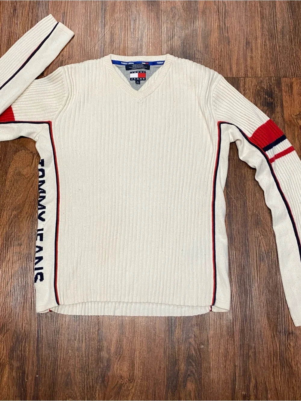 Men Tommy Hilfiger Cream Ribbed V-Neck Sweater with Red & Navy Sleeve Stripes